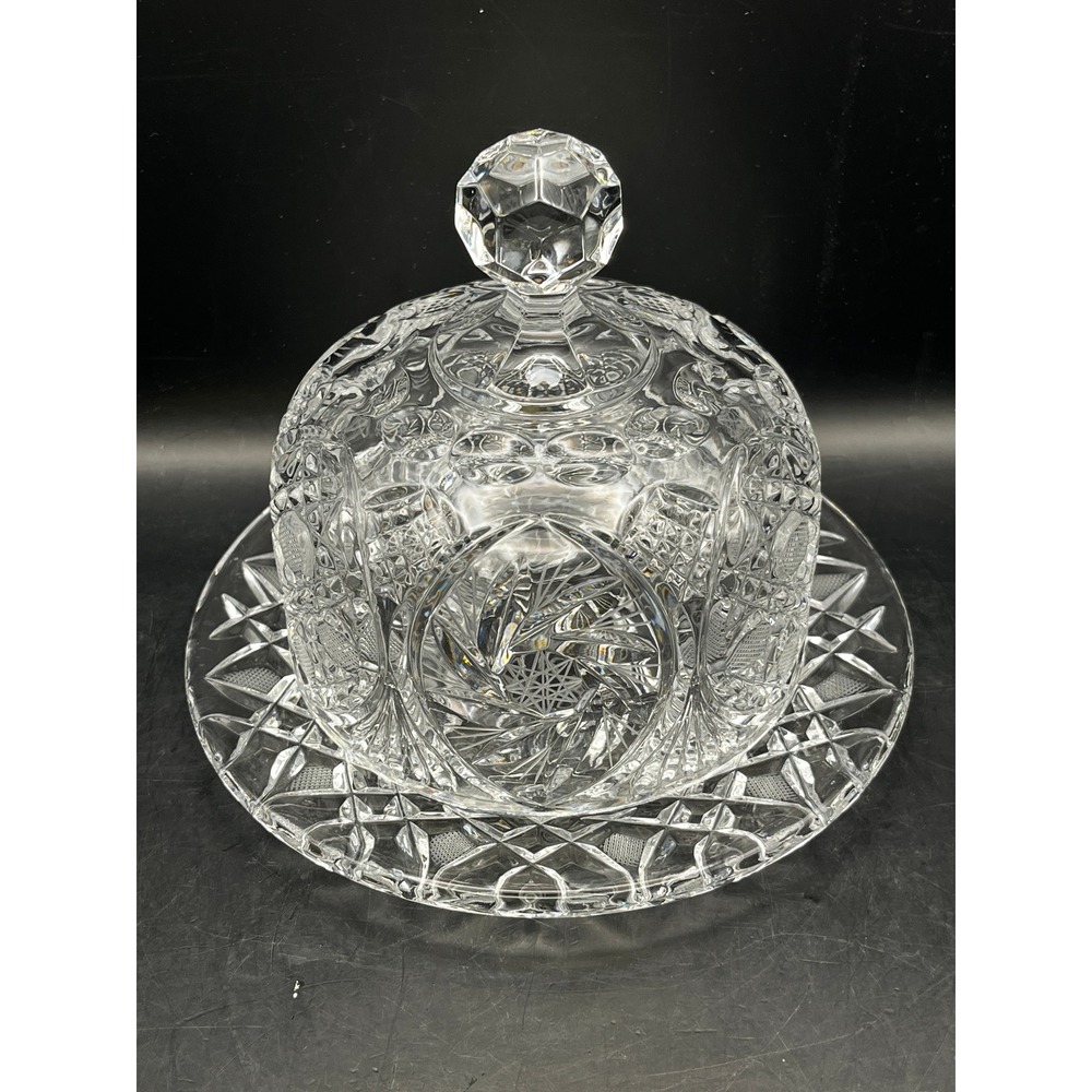 Vtg Cut Crystal Covered Butter Dish Cheese Ball Plate Starburst Fan Elegant 5"